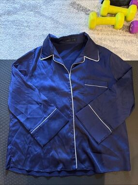 Silky Navy Blue Button-Down Shirt with Contrast Piping